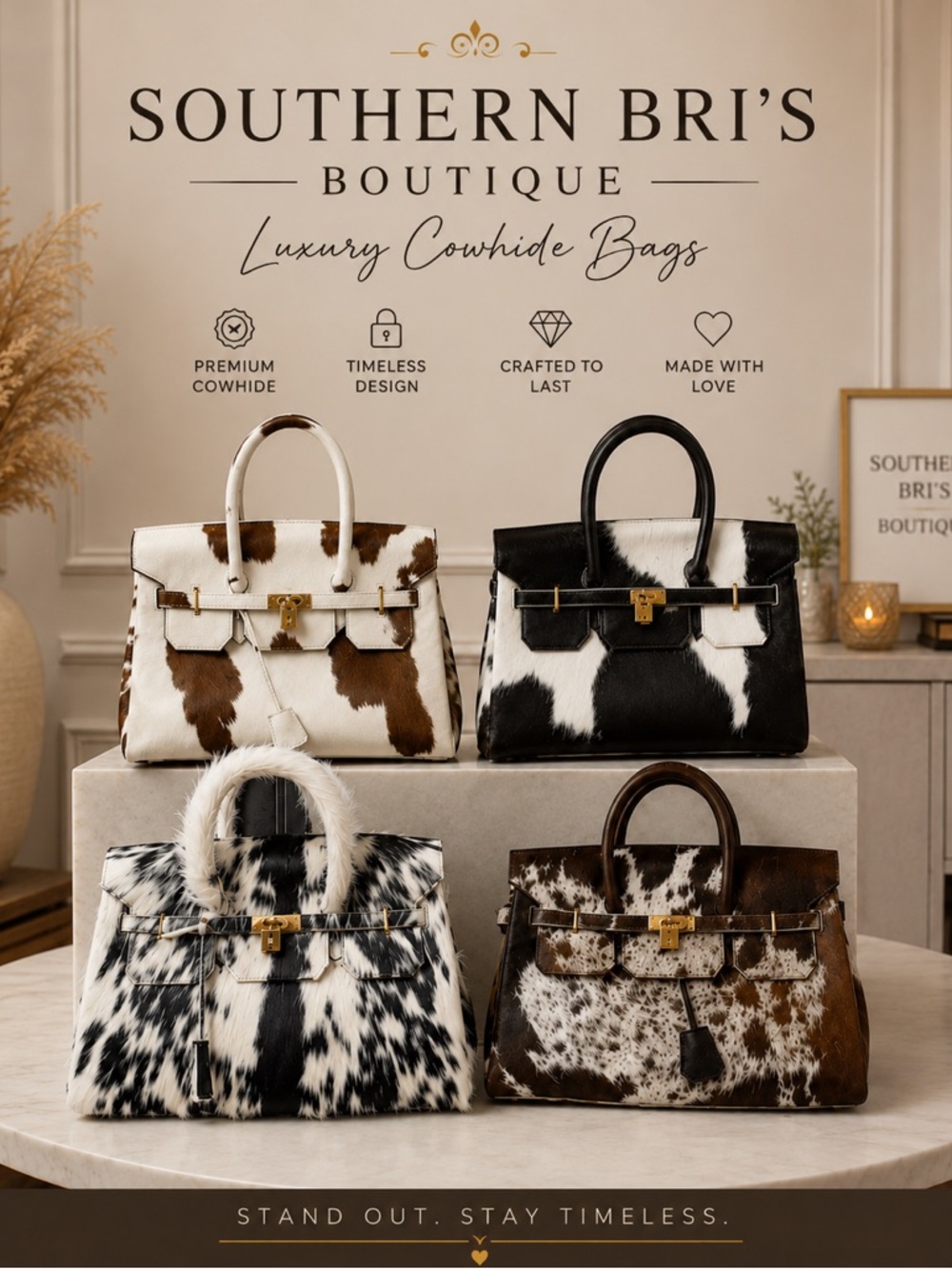 Genuine Brown & White Cowhide Handbag | Gold Hardware - Picture 6 of 6